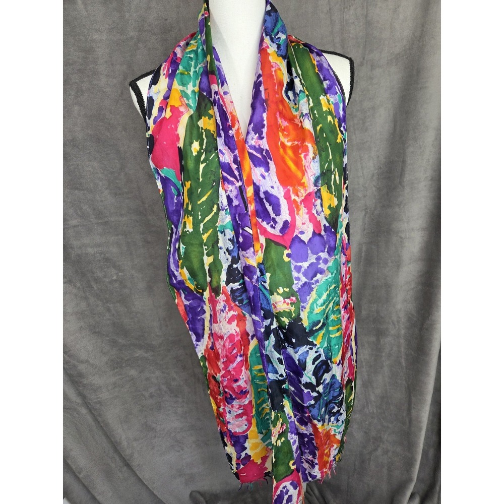 Silk? Scarf‎ Colorful Art To Wear Artsy Bold Bright Stunning Fringe 10x84